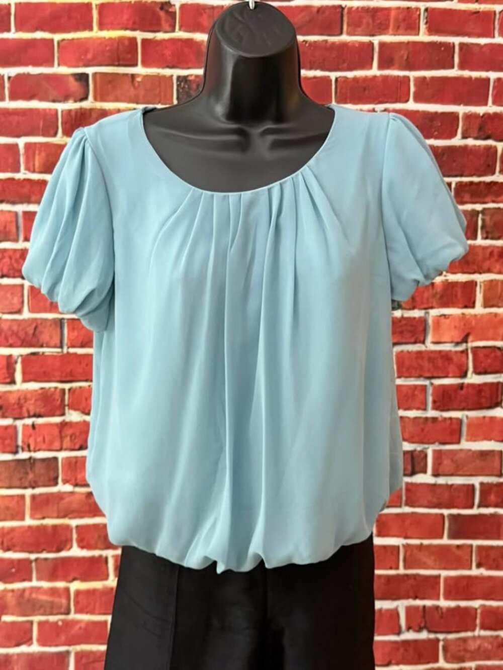 Papermoon Women’s Large Light Blue Pleated Blouse Puff Sleeve Peplum Top